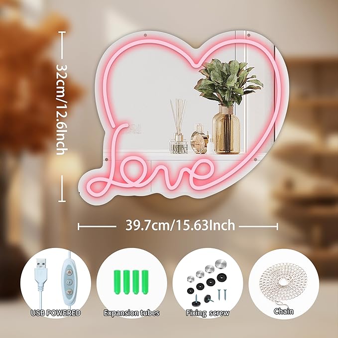Anime Love Neon Mirror, Cute Makeup Mirror with Led Light, Dimmable Neon Sign for Teen Girls, Decor for Girls Room