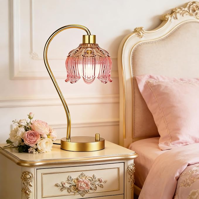 Pink Table Lamp Set of 2,Small Gold Bedside Lamps Dimmable Boho Bedroom Lamp with Tulip Flower Glass Lamp Shade,Vintage Mid Century Modern Mini Nightstand Lamp for Bedroom Living Room
