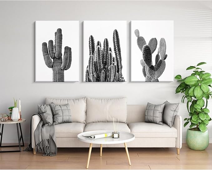 Black And White Cactus Canvas Wall Art Saguaro Cactus Pictures Wall Decor Black And White Artwork Painting Mexican Succulent Poster Prints for Living Room Bedroom Decor 12x16x3 Inch Ready to Hang