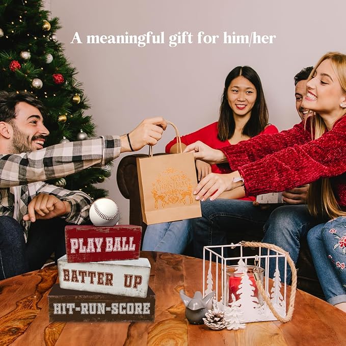 4 Pcs Baseball Table Decorations Sports Wooden Desk Sign Baseball Tiered Tray Decor Tabletop Centerpiece for Birthday Party Home Bedroom Teens Room Mantel Shelf