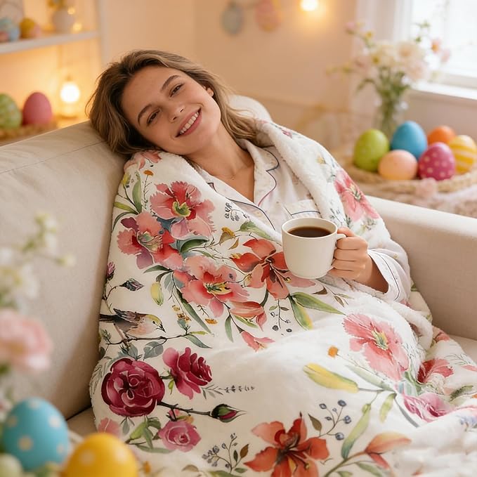 yuboo Spring Floral Throw Blanket, Pink Watercolor Flower Gifts for Women, Mom, Elders and Girls, Floral Blanket, Soft and Cozy Blanket for Spring Decor 50 x 60In
