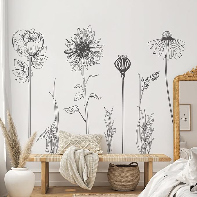 Extra Large Black Flower Wall Decals Simple Sketch Wildflower Floral Wall Stickers for Girls Bedroom Living Room Bathroom Office Adult Home Decor
