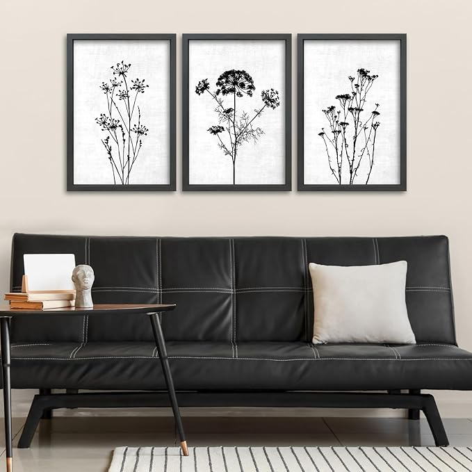 TQianJiang Flower Plant Wall Decor 16"x11" Black And White Botanical Painting Wood Framed Set of 3 Bedroom Office Abstract Wildflower Sign Hanging Art (Black)