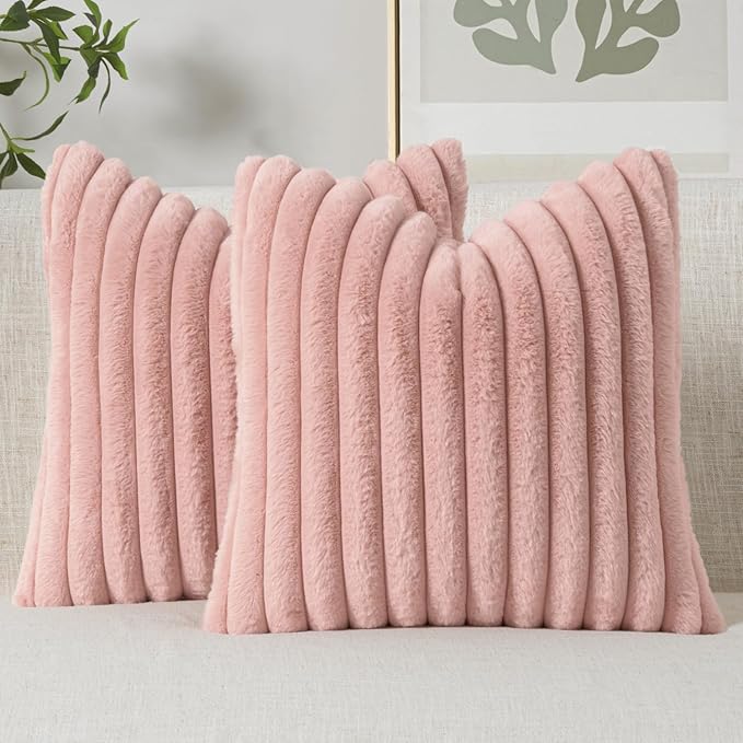 MIULEE Faux Fur Valentines Decorative Throw Pillow Covers 18x18 Inch Set of 2, Modern Spring Home Decor Cute Soft Plush Couch Pillows Cozy Fluffy Cushion Covers for Sofa Bed Blush Pink
