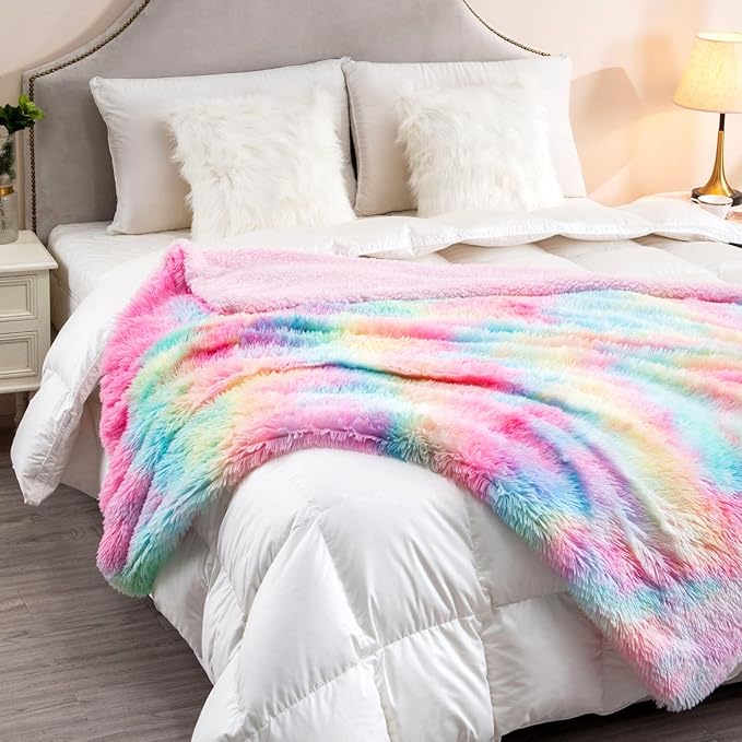 DANGTOP Fuzzy Faux Fur Throw Blanket, Tie Dye Fluffy Blanket, Super Soft Rainbow Blanket for Girls, Luxury Cozy Warm Plush Thick Sherpa Throws for Bed Couch Living Room (Rainbow, 59x79 inches)