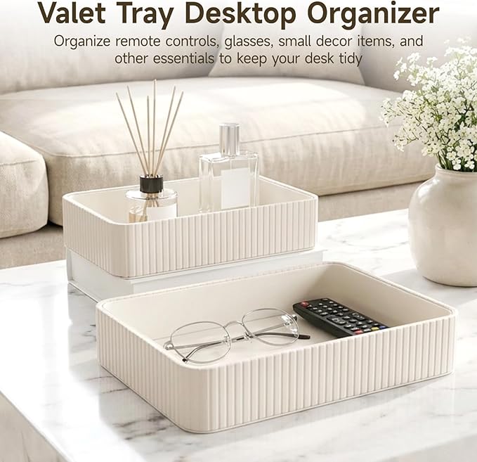 2 Pcs PU Leather Valet Tray Set, Large and Small Nightstand Organizer Tray, Modern Decorative Trinket Dish Key Bowl for Entryway, Living Room, Bedroom, Bathroom