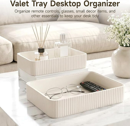 2 Pcs PU Leather Valet Tray Set, Large and Small Nightstand Organizer Tray, Modern Decorative Trinket Dish Key Bowl for Entryway, Living Room, Bedroom, Bathroom