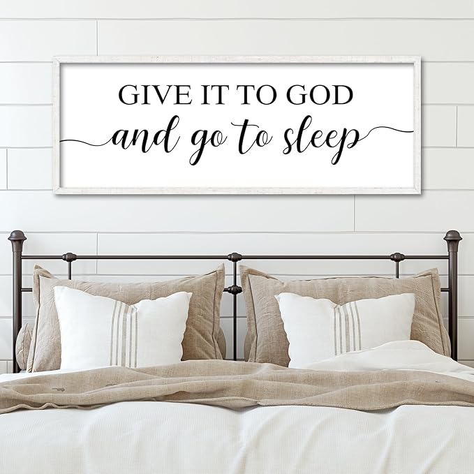 YWJKWLGS Give It To God And Go To Sleep Sign Large Bedroom Wall Decor Art 40x15 Inch Rustic Wooden Framed Above Over Bed for Peace Wall Hanging Plaque (White)