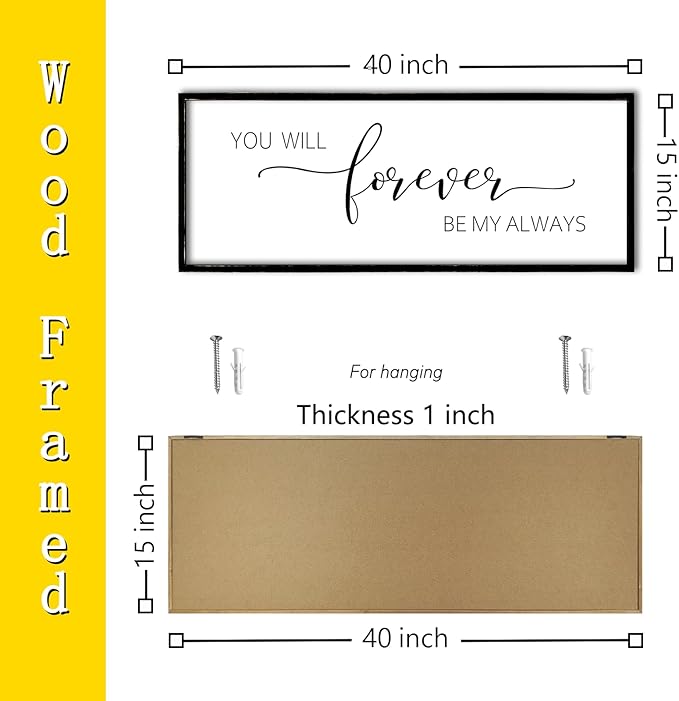 You Will Forever Be My Always Sign Wall Decor 40"x15" Above over Bed Master Bedroom Guest Room Large Rustic Wooden Framed Wall Hanging Art (Black)