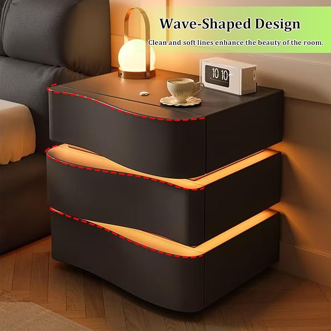 Modern Nightstand with LED Light, Leather Night Stand with Drawer, Solid Wood Bedside Table (3 Drawers, White)