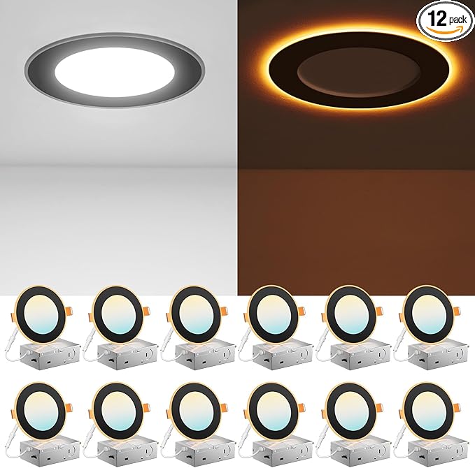 Amico 12 Pack Black 4 Inch 5CCT LED Recessed Ceiling Light with Night Light, 2700K/3000K/3500K/4000K/5000K Selectable Ultra-Thin Lighting, 10W=90W, 700LM, Dimmable Canless Wafer Downlight - ETL&FCC