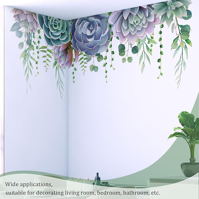 Succulent Plants Leaves Wall Decals Peel and Stick, Large Flowers Vinyl Wall Stickers, Removable Hanging Floral Home Decor Art for Bedroom Living Room Classroom Office