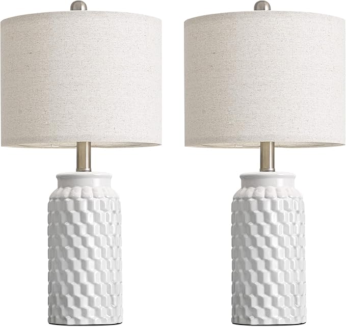 20.5" Small Bedside Lamps Set of 2 with 5FT Cord, White Ceramic Modern Farmhouse Table Lamps for Nightstand, Living Room, Bedroom, 3D Honeycomb Stylish End Table Lamps(Bulb Not Included)