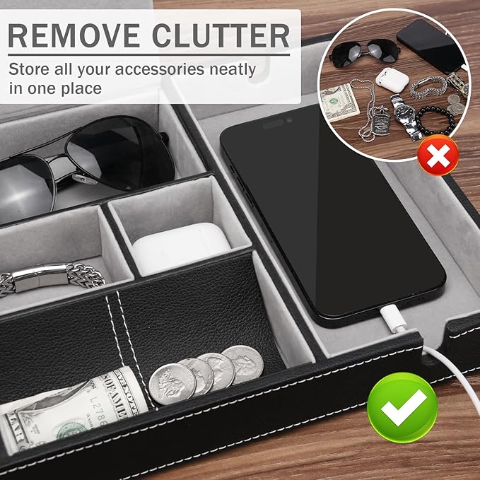 Baoyun Nightstand Organizer Tray,Leather Valet Tray for Men,EDC Catchall with Phone Charging Station,Dresser Top Organizer, 6 Compartments Entryway Box for Wallet, Keys, (Black)