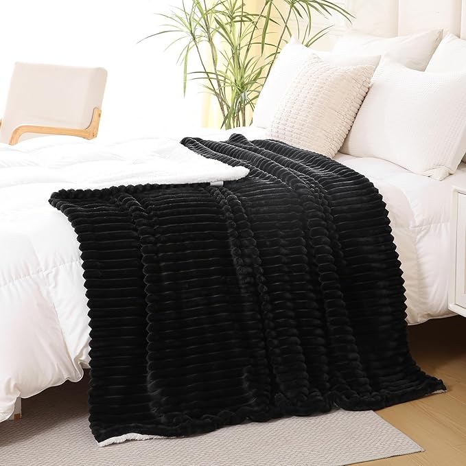Black Sherpa Fleece Throw Blanket 50”×60” for Couch Sofa Bed, Double Side Soft Fuzzy Cozy Plush Thick Flannel Blanket with Striped Design Gift for Adults,Woman,Girls