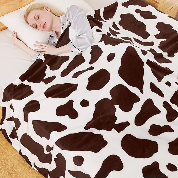 Richave Fleece Cow Print Blanket for All Season - Premium Lightweight Anti-Static Brown and Ivory King Size Blankets Plush Gift for Daughter Mom, Bedroom Decor 90" x 108"(Brown Cow)