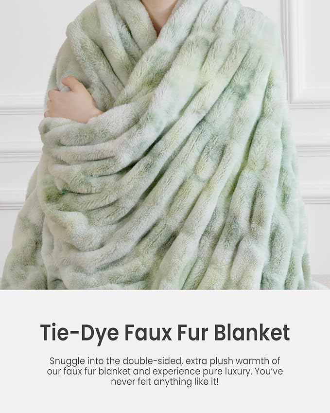 Ultra Soft Faux Rabbit Fur Throw Blanket, Cozy Fuzzy Blanket for Couch Bed, Plush Warm Decor Gifts, Luxury Thick Fluffy Blanket for Women, 60x80 inches, Tie-Dyed Sage Green
