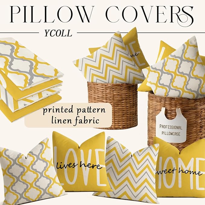 YCOLL Farmhouse Pillow Covers 16x16 Set of 4 Throw Pillow Covers Rustic Linen Decorative Pillows Square Cushion Covers for Couch Sofa Bedroom Home Decor