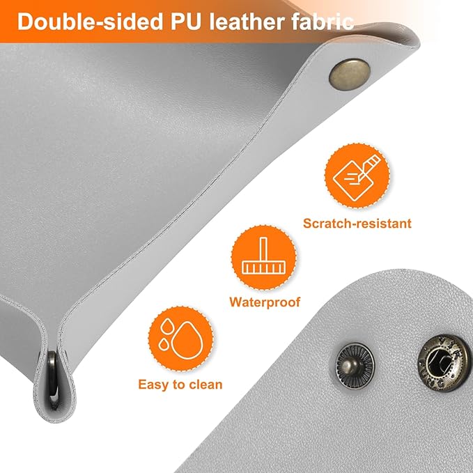 HARFINGTON 2pcs PU Leather Valet Tray Unisex Folding Small Catchall Tray Portable Entryway Table Tray Nightstand Bedside Desk Tray for Key Wallet Watch Coin Jewelry Dice, Gray
