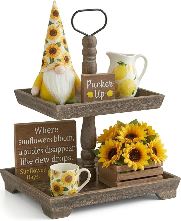 Hanobe Tiered Tray for Table Decor: 2 Tier Sunflower Decorative Tray Stannds for Table Centerpieces - Rectangle Farmhouse Serving Stand for Coffee Bar, Rustic Brown