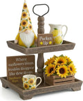 Hanobe Tiered Tray for Table Decor: 2 Tier Sunflower Decorative Tray Stannds for Table Centerpieces - Rectangle Farmhouse Serving Stand for Coffee Bar, Rustic Brown