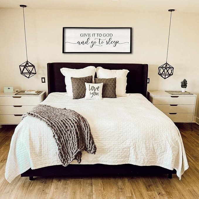 Give It To God And Go To Sleep Wall Decor 40"X15" Master Bedroom Above Bed Sign Christian Rustic Farmhouse Over Bed Large Religious Vintage Wood Framed Horizontal Catholic Wall Hanging Art (Black)