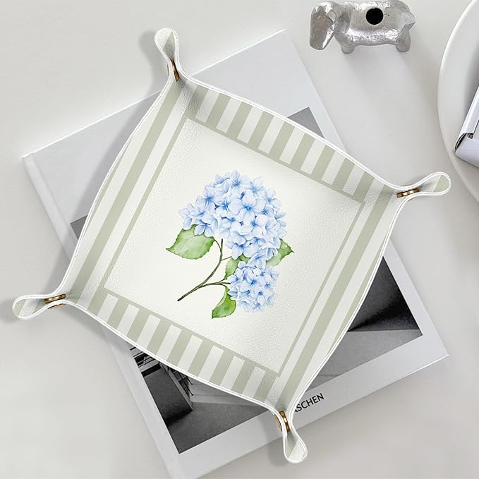 Blue Hydrangea Floral Jewelry Valet Tray for Women, Hydrangea Gifts PU Leather Catchall Beside Caddy Nightstand Organizer Tray for Jewelry Rings Watches Keys and Accessories, 7.87x7.87in