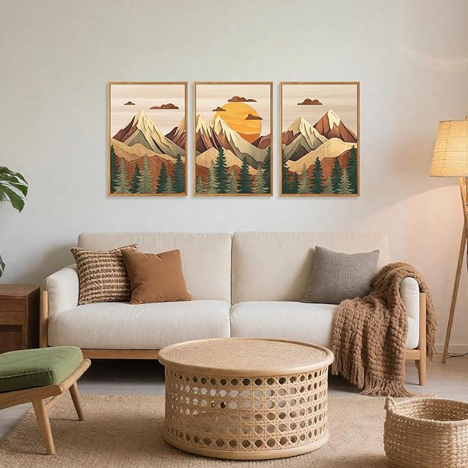 CHDITB Mountain Landscape Framed Wall Art Set, Neutral forest Wall Decor, Nature Pine Tree Sunset Wall Painting, Large Vintage Wood Mountain Art Prints For Living Room Bedroom Office Decor 12”X16”x3