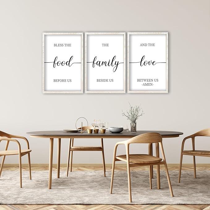 flowtorely Bless the Food Before Us Sign Wall Decor 16"×11" Set of 3 for Dining Room Kitchen Rustic Wood Framed Wall Hanging Art (White)