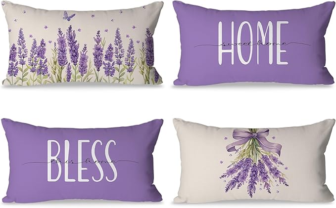 Spring Pillow Covers 12x20 Inch Set of 4 Lavender Home Sweet Home Purple Throw Pillows Decorative Pillow Cases Summer Seasonal Farmhouse Decorations for Sofa Couch