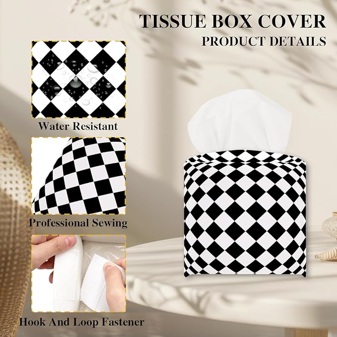 Black and White Checkerboard Tissue Box Cover, Modern Tissue Holder Square with Bottom Belt for Home Bathroom Office Car Nightstand Vanity Desk, Housewarming Gifts Ideas for Women Friends Mom -18