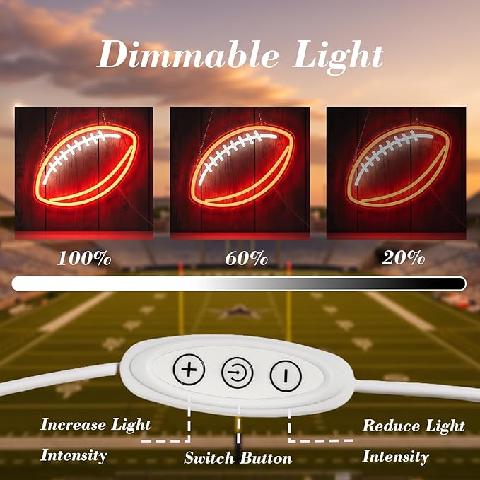 Football Neon Sign for Wall Decor, Dimmable LED Light for Bedroom Sports Room Decor, Football Gifts for Boys 8-12, 12 x 7.9 Inches