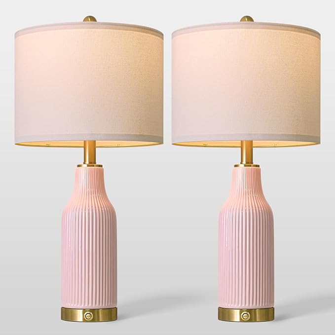 24.5" Modern 3-Way Dimmable Touch Control with 5FT Cord & USB A+C Ceramic Lamps Set of 2 Table Lamp for Living Room Bedroom Farmhouse Nightstand Bedside Pink