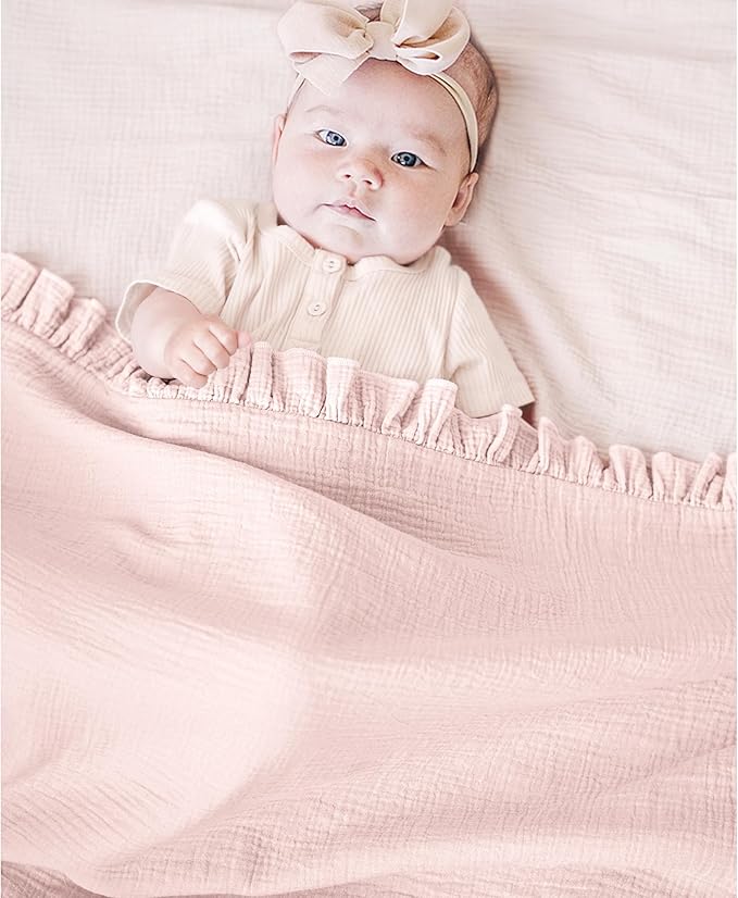 Konssy Flounce Muslin Baby Blanket for Girls Boys, 100% Cotton Soft Crib Swaddle Blankets, Reversible & Breathable Nursery Bedding for Newborns Toddlers, 40 x 36 Inches (Baby Pink)
