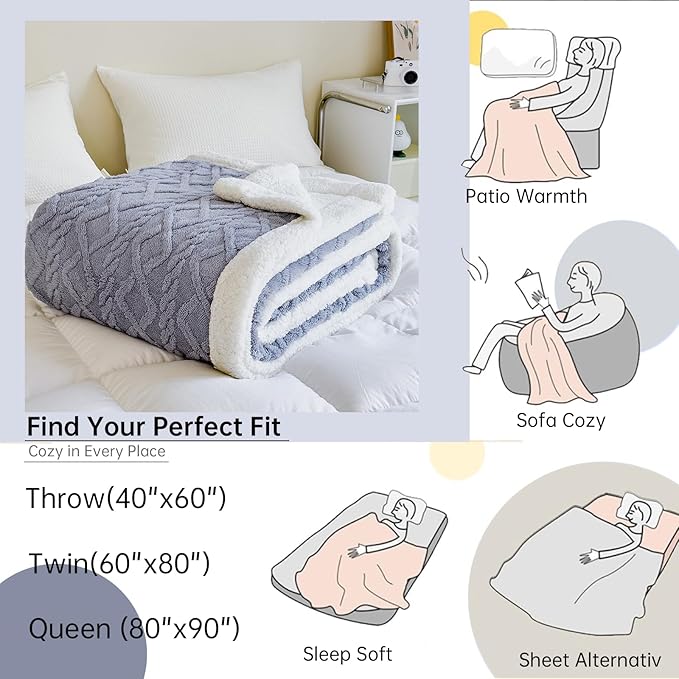 Sherpa Blanket for Bed Full Size - Fleece Soft Cozy Fuzzy Blankets Thick Warm for Winter and All Seasons (Light Grey, Full(80"x90"))