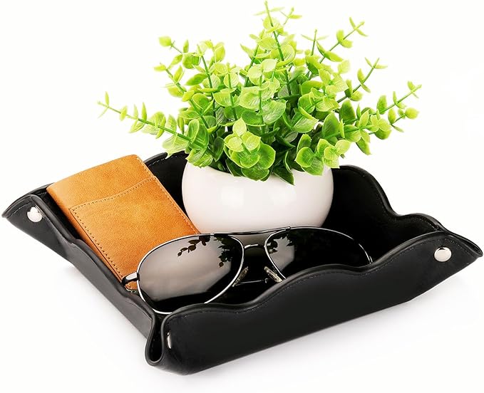 Valet Tray for Men Women 2 Pack - PU Leather Travel Catchall Tray Organizer - Desk Bedside Nightstand Storage Box for Jewelry Key Phone Remote Controller Wallet Readers -Brown and Black