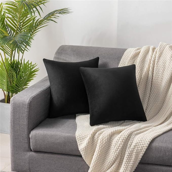 DEZENE Throw Pillow Covers 20x20 Black: Pack of 2 Cozy Soft Velvet Square Modern Luxury Decorative Throw Pillow Cases for Sofa Couch Living Room Bed Home Decor