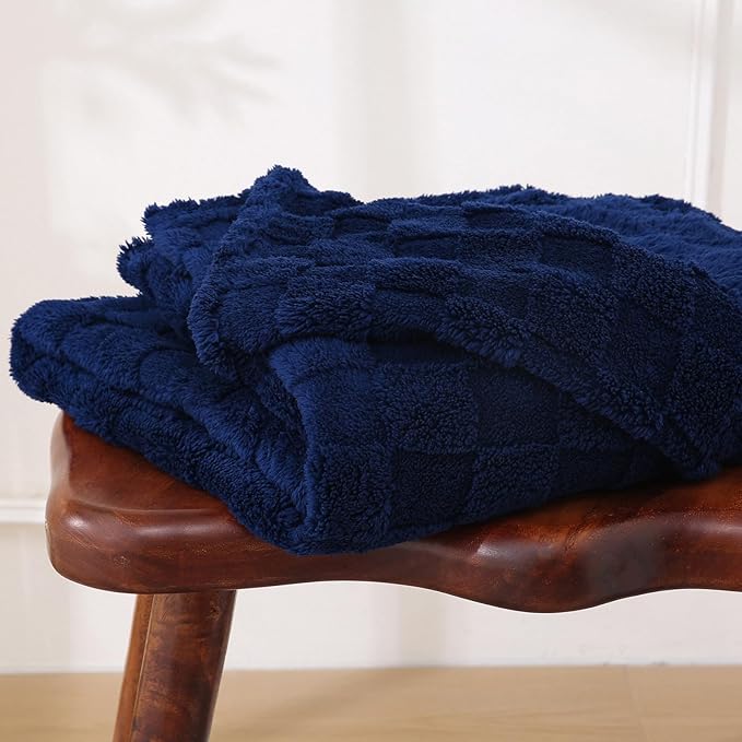 Navy Blue Fleece Throw Blanket 50”×60” for Couch Sofa Bed,Super Soft Cozy Plush Microfiber Flannel Blanket with 3D Checkered Design Lightweight for Adults,Woman,Girls