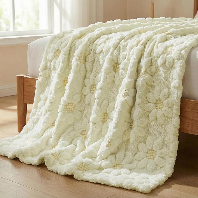 Horaldaily Spring Summer Blanket Throw, Beige Sunflower Soft Fuzzy Plush Faux Fur Cozy Blankets for Couch Sofa Bed Lounging, Ideal Gifts for Kids Adults Wife Self, 50x60