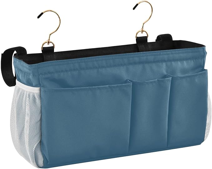 DOMIKING Caribbean Blue Bedside Caddy for Dorm Bed Recliner Armrest Organizer with Hooks Haning Storage Pockets for Bunk Bed Headboards Rails
