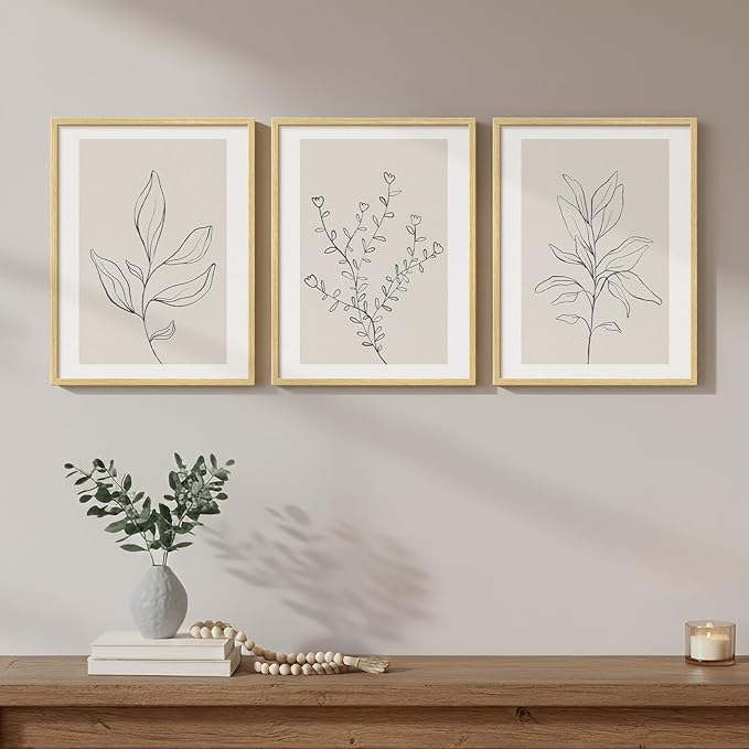 Framed Botanical Line Bedroom Wall Art, 3 Piece Neutral Leaf Print for Room Wall Decor, Minimalist Beige Plant Artwork for Walls, Botanical Picture for Living Room Guest Room Hallway Decor, 12x16 Inch