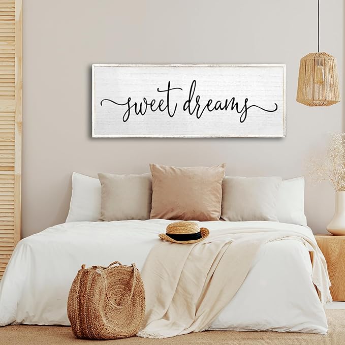 Sweet Dreams Wall Decor Above Bed Sign 32''×12'' Large Wood Framed Master Bedroom Guest Room Sweet Dreams Signs Farmhouse Rustic Wall Art Decoration (White)