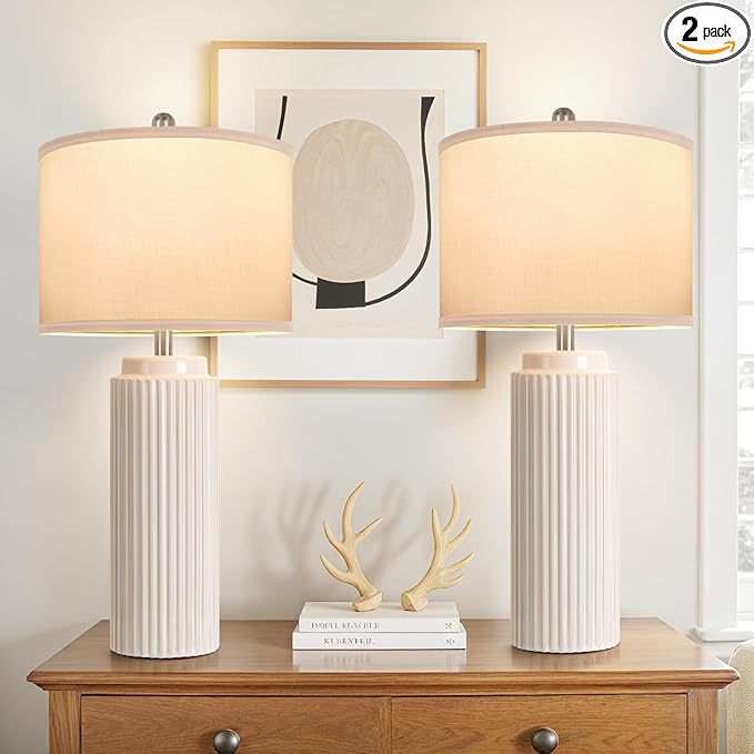 TOBUSA 28’’ Farmhouse Ceramic Table Lamps Set of 2 for Living Room, Cream Vintage Bedside Table Lamps with White Linen Shade, Rustic Nightstand Lamps for Bedroom Home Office End Table Dorm
