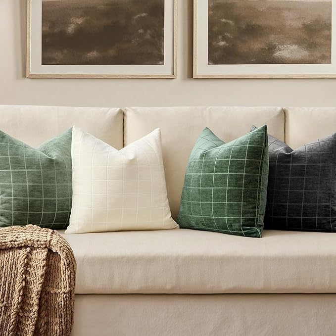 MIULEE Decorative Chenille Check Throw Pillow Covers Vintage Plaid Couch Pillows 18x18 Inch Set of 2 Neutral Boho Farmhouse Cushion Covers Modern Spring Home Decor for Sofa Bed Living Room Sage