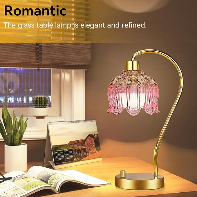 Pink Table Lamp Set of 2,Small Gold Bedside Lamps Dimmable Boho Bedroom Lamp with Tulip Flower Glass Lamp Shade,Vintage Mid Century Modern Mini Nightstand Lamp for Bedroom Living Room