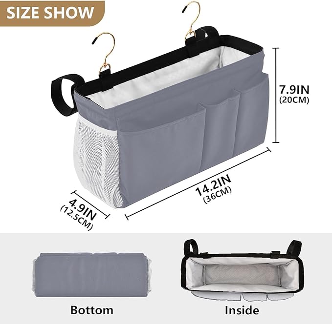DOMIKING Grey Bedside Caddy for Dorm Bed Recliner Armrest Organizer with Hooks Haning Holder for Phone Magazine Tablet