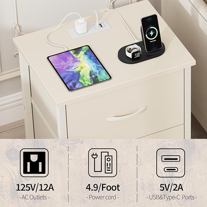 Vagusicc Nightstand Set of 2 with Charging Station, End Table Bedside Table with Power Outlet & USB Ports, Side Table with 2 Fabric Drawers for Bedroom, Living Room, Beige