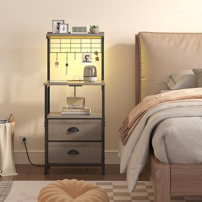 Tall Nightstands with Charging Station, LED Night Stand Bedsides with 2 Fabric Drawers,Hooks,USB Port and Open Storage Shelves,Tall End Table Bedside for Bedroom,Office, Grey