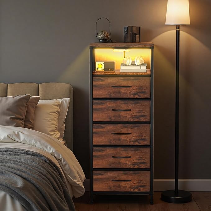 DUMOS Nightstand with Charging Station, Bedside End Table with 5 Fabric Drawers & USB/Type-C Ports and Outlets, Night Stand for Bedroom Furniture, Adjustable Feet and Variable Light Strip, Rust