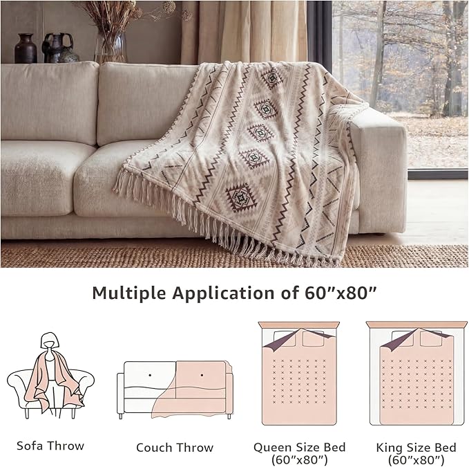 CASAAGUSTO Boho Throw Blanket - Beige and Gray Decorative Blankets with Tassel, Printed Flannel Bohemian Blanket for Chair, Bed, Sofa, Couch(60 * 80, Beige and Gray)